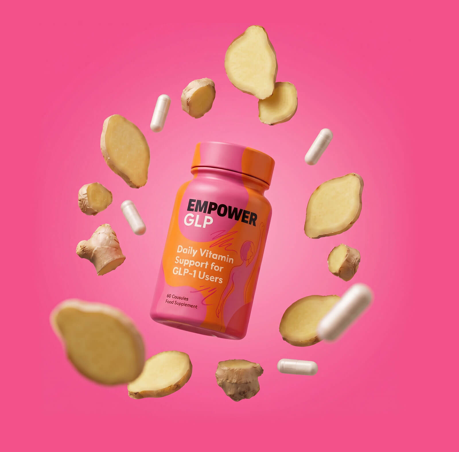 EmpowerGLP™ bottle surrounded by floating ginger slices and capsules