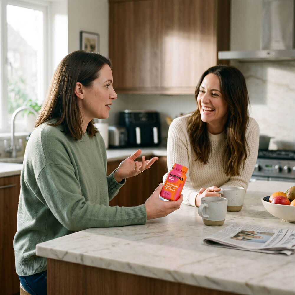 Two women chatting in a kitchen with EmpowerGLP on the counter