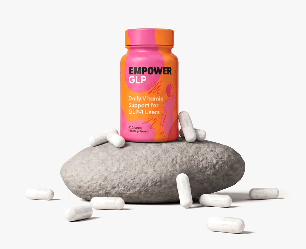 EmpowerGLP bottle resting on a stone