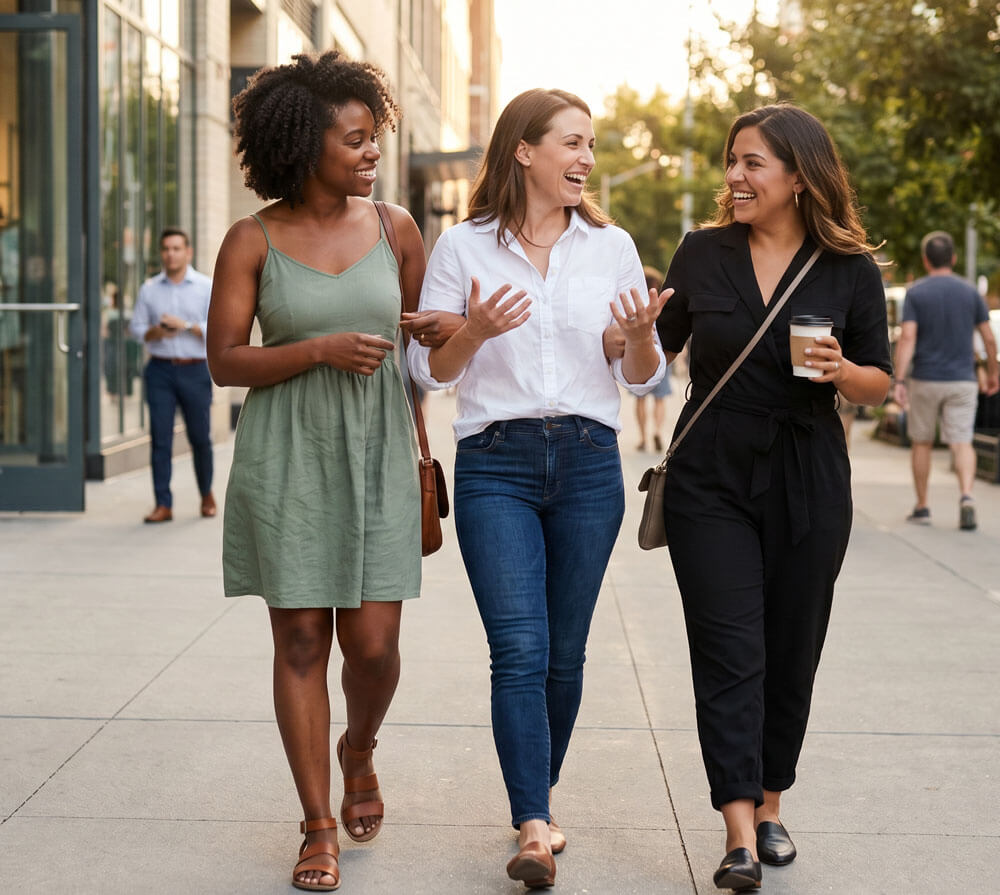 Three friends laughing while walking together in the city
